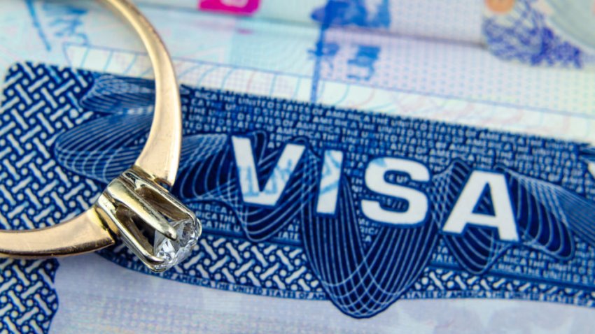 Engagement ring on top of blurred US entry visa sticker in a passport. Conceptual photo for fiance visa and immigration in general. Selective focus.